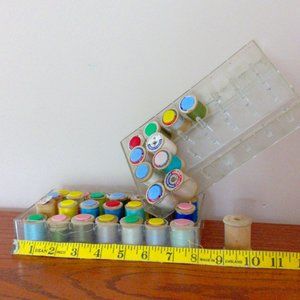 Vintage Collection of 37 Wooden Spools of Thread and Stacking Trays